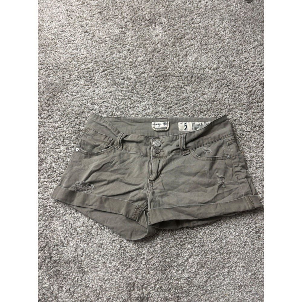 Indigo Rein Distressed Cuffed Denim Shorts Olive Green Size 5 Low Rise Distress